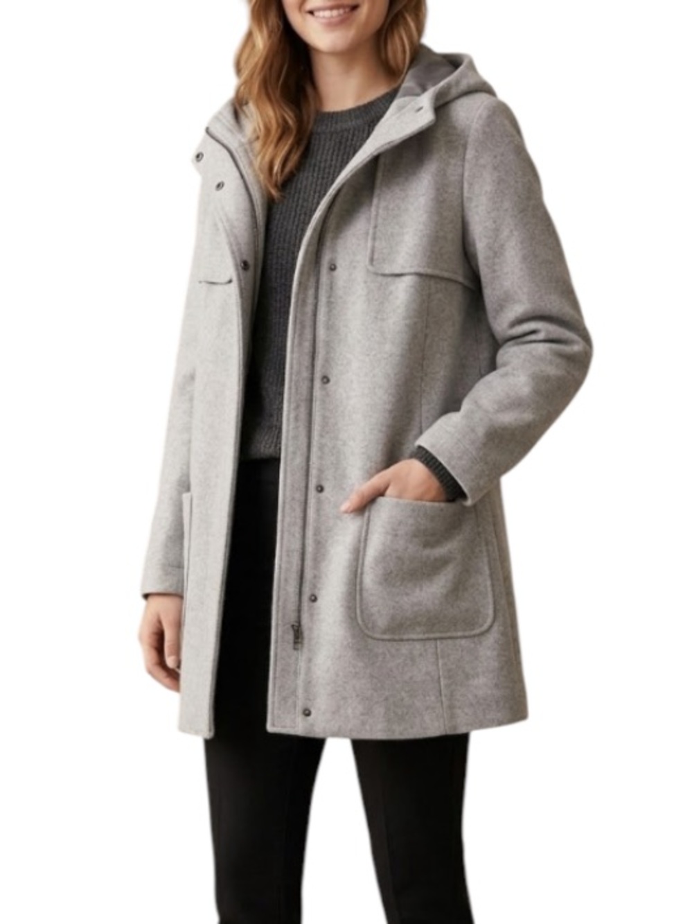 Zara Light Gray Wool-Blend Hooded Coat Large